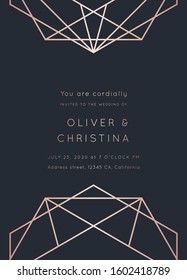 Vector modern wedding invitation template. Art Deco geometric frame.Polygon luxury classy Rose Gold design background.Pink brochure, flyer, cover, poster, card, logo, business identity style.