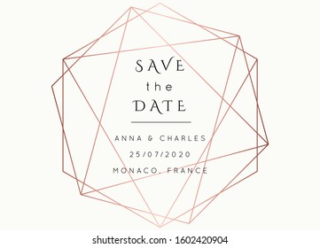 Vector modern wedding invitation template. Art Deco geometric frame.Polygon luxury classy Rose Gold on white design background.Pink brochure, flyer, cover, poster, card, logo, business identity style.