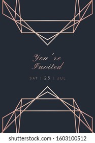 Vector modern wedding invitation template. Art Deco geometric frame.Polygon luxury classy Rose Gold design background.Pink brochure, flyer, cover, poster, card, logo, business identity style.