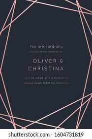Vector modern wedding invitation template. Art Deco geometric frame.Polygon luxury classy Rose Gold design background.Pink brochure, flyer, cover, poster, card, logo, business identity style.