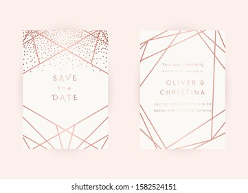 Vector modern wedding invitation templates set. Art Deco geometric frame.Polygon luxury classy Rose Gold design background.Pink brochure, flyer, cover, poster, card, logo, business identity style.