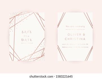 Vector modern wedding invitation templates set. Art Deco geometric frame.Polygon luxury classy Rose Gold design background.Pink brochure, flyer, cover, poster, card, logo, business identity style.