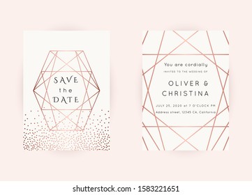 Vector modern wedding invitation templates set. Art Deco geometric frame.Polygon luxury classy Rose Gold design background.Pink brochure, flyer, cover, poster, card, logo, business identity style.