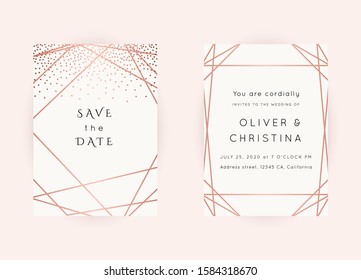 Vector modern wedding invitation templates set. Art Deco geometric frame.Polygon luxury classy Rose Gold design background.Pink brochure, flyer, cover, poster, card, logo, business identity style.