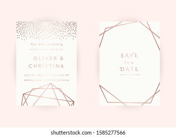 Vector modern wedding invitation templates set. Art Deco geometric frame.Polygon luxury classy Rose Gold design background.Pink brochure, flyer, cover, poster, card, logo, business identity style.