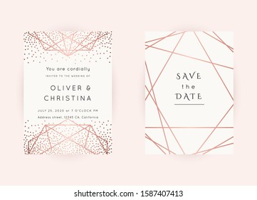 Vector modern wedding invitation templates set. Art Deco geometric frame.Polygon luxury classy Rose Gold design background.Pink brochure, flyer, cover, poster, card, logo, business identity style.