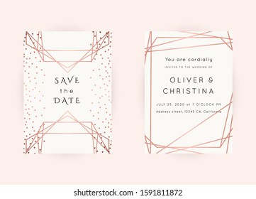Vector modern wedding invitation templates set. Art Deco geometric frame.Polygon luxury classy Rose Gold design background.Pink brochure, flyer, cover, poster, card, logo, business identity style.