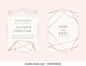 Vector modern wedding invitation templates set. Art Deco geometric frame.Polygon luxury classy Rose Gold design background.Pink brochure, flyer, cover, poster, card, logo, business identity style.