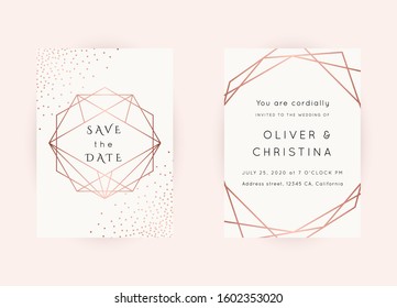 Vector modern wedding invitation templates set. Art Deco geometric frame.Polygon luxury classy Rose Gold design background.Pink brochure, flyer, cover, poster, card, logo, business identity style.