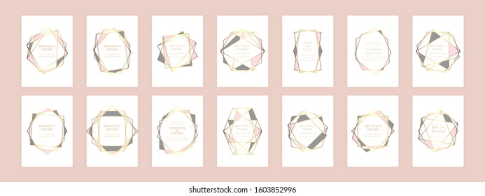 Vector modern wedding invitation templates set.Art Deco geometric triangle frame.Polygon luxury classy Rose Gold design background.Brochure, flyer, cover, poster, card, logo, business identity style.
