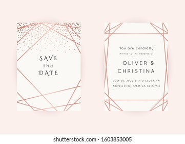 Vector modern wedding invitation templates set. Art Deco geometric frame.Polygon luxury classy Rose Gold design background.Pink brochure, flyer, cover, poster, card, logo, business identity style.