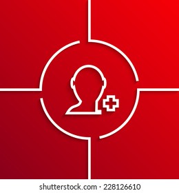 Vector modern white add friends circle icon on red background. Eps10