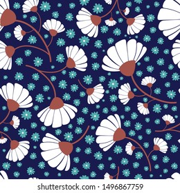 Vector modern white and green wildflowers on navy background seamless repeat pattern.Great for decoration, wallpaper, background, pillows, bedding, curtains, table cloth, kitchen towel.