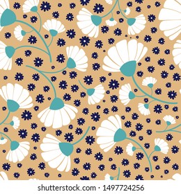 Vector modern white and navy wildflowers on mustard color background seamless repeat pattern.Great for decoration, wallpaper, background, pillows, bedding, curtains, table cloth, kitchen towel.