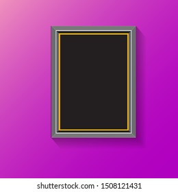 vector modern wooden black square empty frame with shadow and place for photo isolated on violet wall background. Fashion banner with frame design template