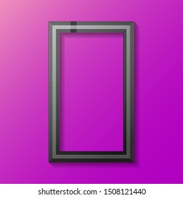 vector modern wooden black square empty frame with shadow and place for photo isolated on violet wall background. Fashion banner with frame design template