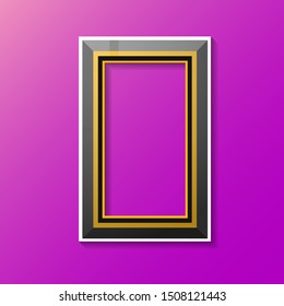 vector modern wooden black square empty frame with shadow and place for photo isolated on violet wall background. Fashion banner with frame design template