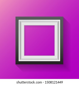 vector modern wooden black square empty frame with shadow and place for photo isolated on violet wall background. Fashion banner with frame design template