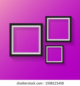 vector modern wooden black square empty frame with shadow and place for photo isolated on violet wall background. Fashion banner with frame design template
