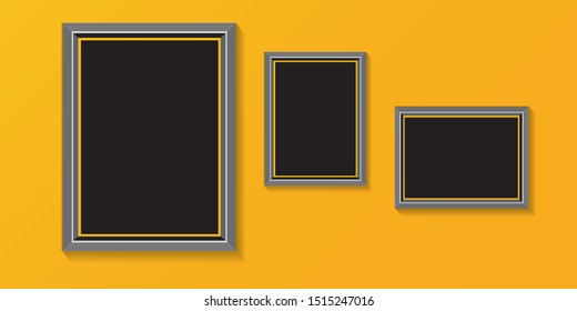 vector modern wooden black square empty frames with shadow and place for photo isolated on orage wall background. Horizontal web banner design template with set of frames on orange 
