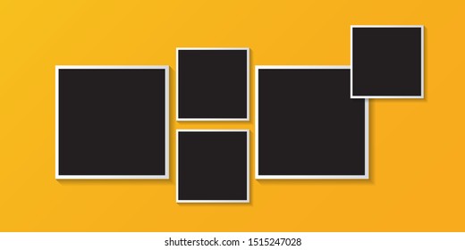 vector modern wooden black square empty frames with shadow and place for photo isolated on orage wall background. Horizontal web banner design template with set of frames on orange 