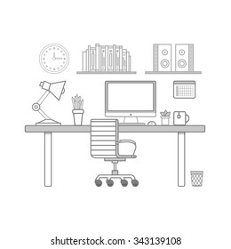 Vector modern work space.  Black and white outline design. Computer, lamp, books, design tools, calendar, cup, mouse, pens, shelf book, flowerpots, trash in office interior