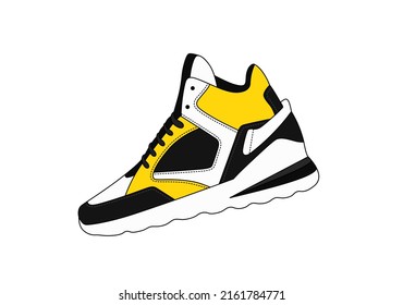 Vector modern yellow and black sneakers shape. Casual footwear symbol isolated on white background. Basketball shoes, side view. Sport style boots icon. Leather shoe new model