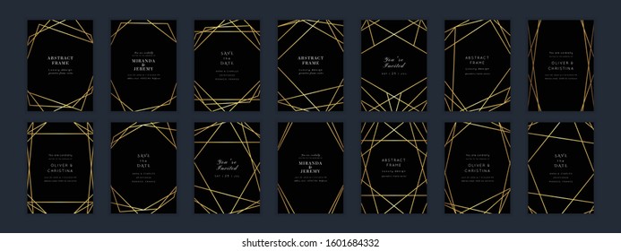 Vector Modern Yellow Gold Wedding Invitation Templates Set.Art Deco Geometric Diamond Frames.Polygon Luxury Classy Design Background.Brochure, Flyer, Cover, Poster, Card, Logo, Business Identity Style