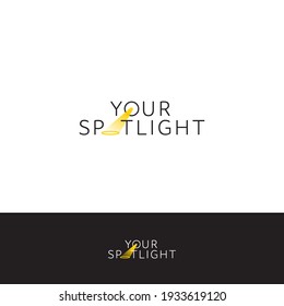 Vector modern Your Spotlight inscription logo. Black and yellow abstract searchlight lettering. Minimal floodlight mark with negative space isolated on white background