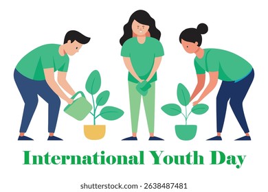 Vector of modern youth planting trees together, promoting sustainability and teamwork. Soft pastel colors. Ideal for International Youth Day, environment, and volunteer campaign designs.