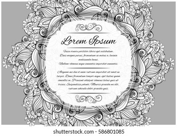 Vector Mohochrome Floral Template with Place for Text. Dark Vintage Layout for Greeting Card, Invitation, Cover Page etc. Beautiful Floral Composition. Editability