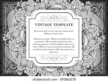 Vector Mohochrome Floral Template with Place for Text. Dark Vintage Layout for Greeting Card, Invitation, Cover Page etc. Beautiful Floral Composition. Editable