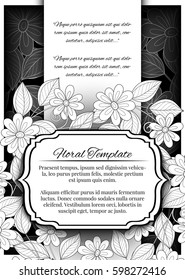 Vector Mohochrome Floral Template with Place for Text. Dark Vintage Layout for Greeting Card, Invitation, Cover Page etc. Beautiful Floral Composition. Editable