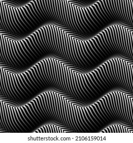 Vector moire seamless pattern of monochrome striped waves. Optical art winding texture for wallpaper design.