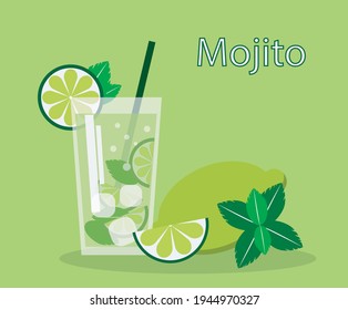 Vector mojito with lime,mint ansd ice. Flat vector illustration