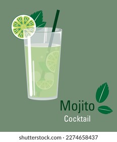Vector mojito with lime,mint ansd ice. Vector coctail. Glass.