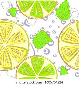 Vector mojito seamless pattern - lemon, mint, lime, ice cubes with sparkling water bubbles. Background for the web, printing on roll materials