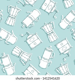 Vector moka and coffee grinder seamless pattern. Coffee shop background ideal for wallpaper, kitchen textile and cafe menu.