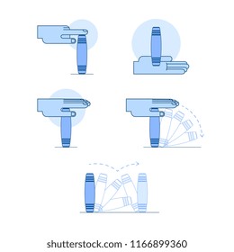 Vector Mokuru rolling stick fidget gadget twisting, rotating with hand palm blue icon set. Office anxiety and stress release, creativity improvement japanese instrument. Isolated illustration