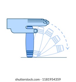 Vector Mokuru rolling stick fidget gadget twisting, rotating with hand palm blue icon. Office anxiety and stress release, creativity improvement japanese instrument. Isolated illustration