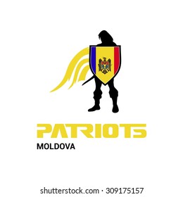 Vector Moldova Flag Patriots Soldier Logo. Mascot Character Design. Memorial Day Army man with Shield. Vector Freedom Leader Logo illustration