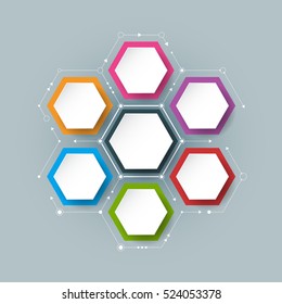 Vector Molecule With 3D Paper Label, Integrated Hexagon Background. Blank Space For Content, Business, Infographic, Diagram, Digital Network, Flow Chart. Social Network Connection Technology Concept