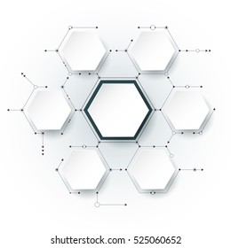 Vector Molecule With 3D Paper Label, Integrated Hexagon Background. Blank Space For Content, Business, Infographic, Diagram,digital Network, Flowchart. Social Network Connection Technology Concept



