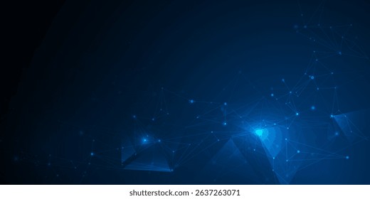 Vector molecule. Abstract internet network connection design for web site. Digital data, communication, science and futuristic concept. Network Connected lines with dots, technology on blue background