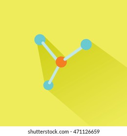 Vector molecule icon over yellow background with long shadow, flat, isolated, education, school, science
