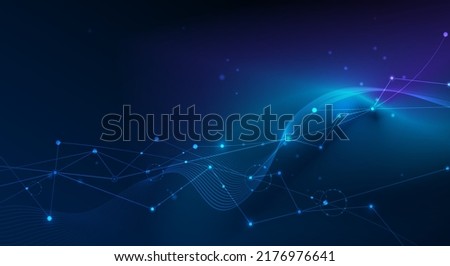 Vector molecule, Network Connected lines with dots, technology on blue background. Abstract internet network connection design for web site. Digital data, communication, science and futuristic concept