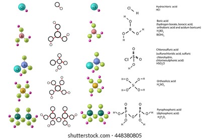 Vector molecules of boric acid, hydrochloric acid, chlorosulfuric acid, orthosilicic acid, pyrophosphoric acid svg