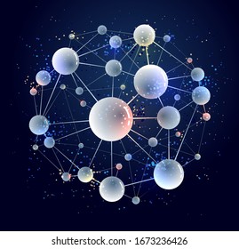 Moléculas vectoriales química científica y física tema vectorial fondo abstracto, micro y nano tema de ciencia y tecnología, átomos y partículas microscópicas.
