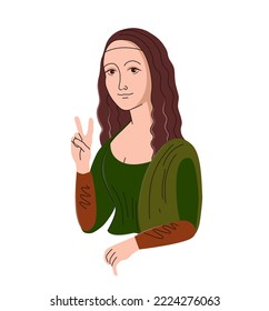 Vector Mona Lisa. Gioconda in the modern world. Masterpiece of world painting. Print for clothes. Creative print on a T-shirt. valentine's day card. Mona Lisa showing peace sign.