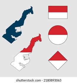 Silueta de contorno del vector de Mónaco con bandera fijada en fondo blanco. Colección de iconos de la bandera de Mónaco con formas cuadradas, redondas, rectangulares y de mapas.